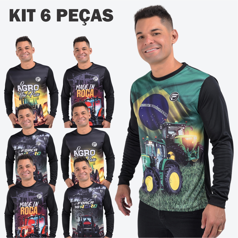 KIT 6 Agro Camisa Manga Longa Masculina UV+ Camiseta Fazenda Bruto Camisa Dryfit Trator Brasil Blusa