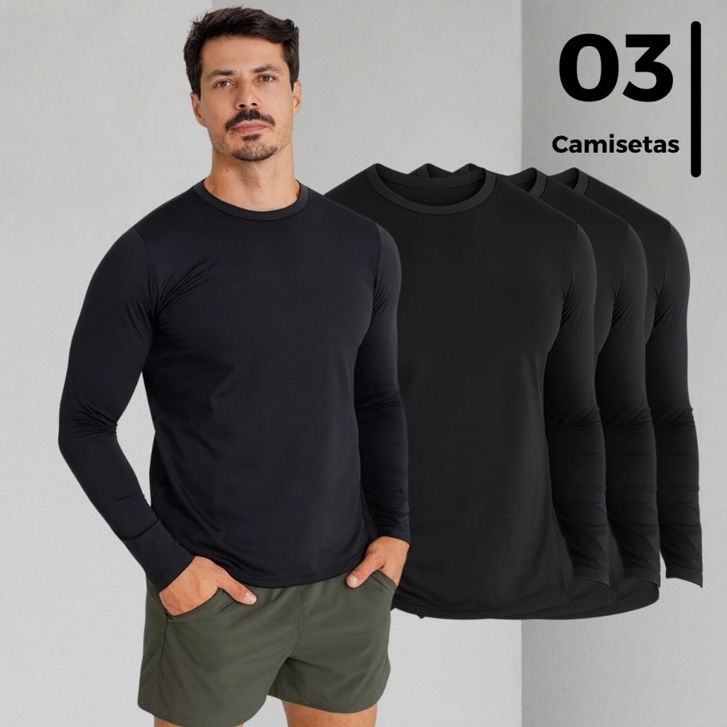 Combo 3 Blusa Masculina Dry Fit UV 50+ Manga Longa Esportiva Tradicional Elastano Verão Leve Fresco