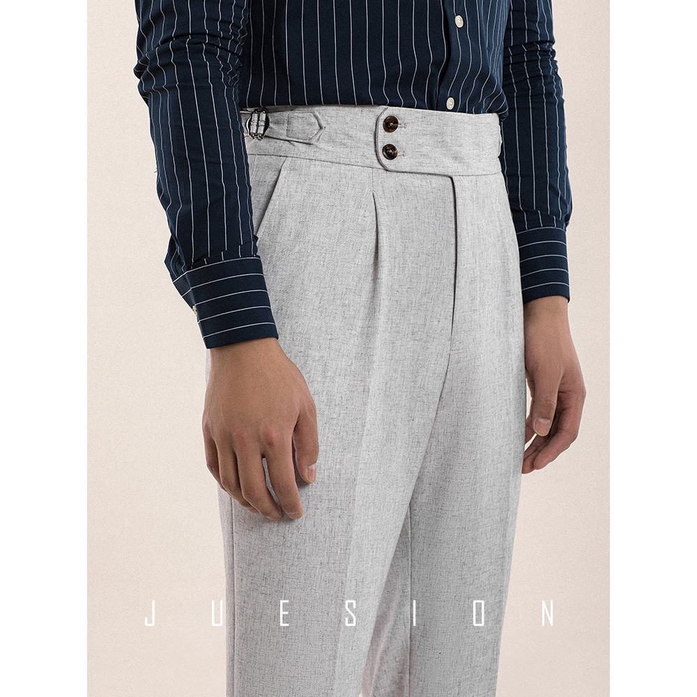 Calças drapeadas de linho de verão masculinas negócios Slim-fit italiano Paris botão respirável fino High-end terno Trou