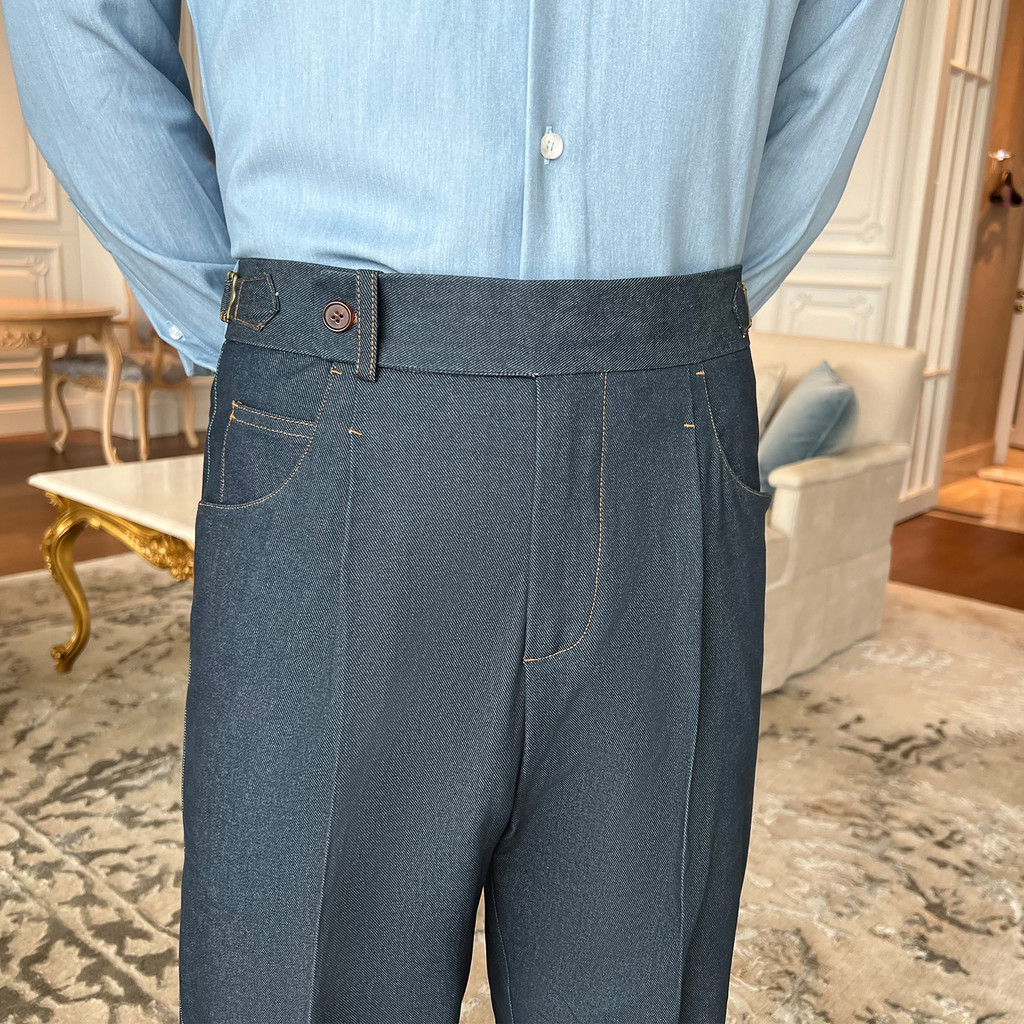 Casual calças de brim de pernas altas homens Retro negócios Paris fivela calças casuais temperamento high-End em linha r