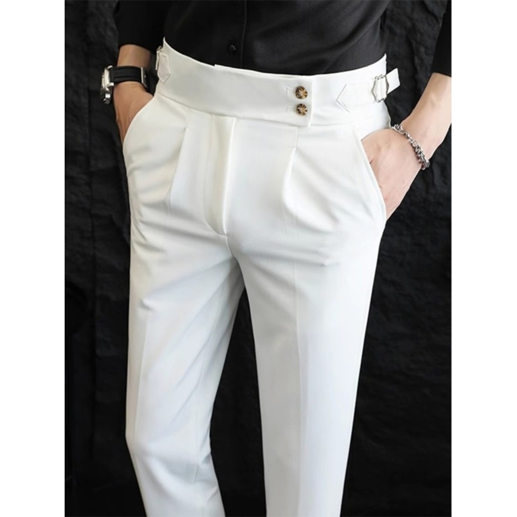 Nápoles calças masculinas Paris botão Casual terno calças Drape high-End cintura alta Guerge calças brancas