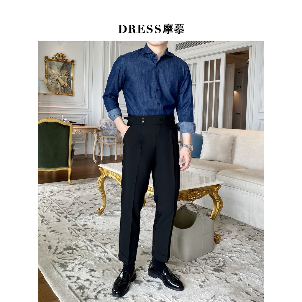 High-End negócios Casual terno calças masculinas britânico Retro nápoles Paris fivela Anti-rugas não-ferro calças retas