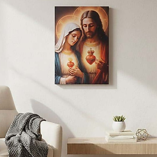 Tela Sagrado coração de Jesus e Imaculado coração de Maria impresso no tecido de cetim.