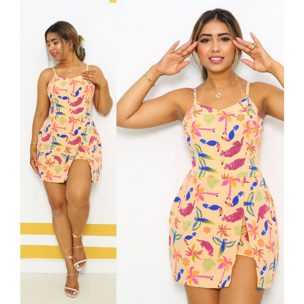 Macaquinho Feminino Short Saia Decote V Alça fina Lastéx nas costas com bojo Moda verão