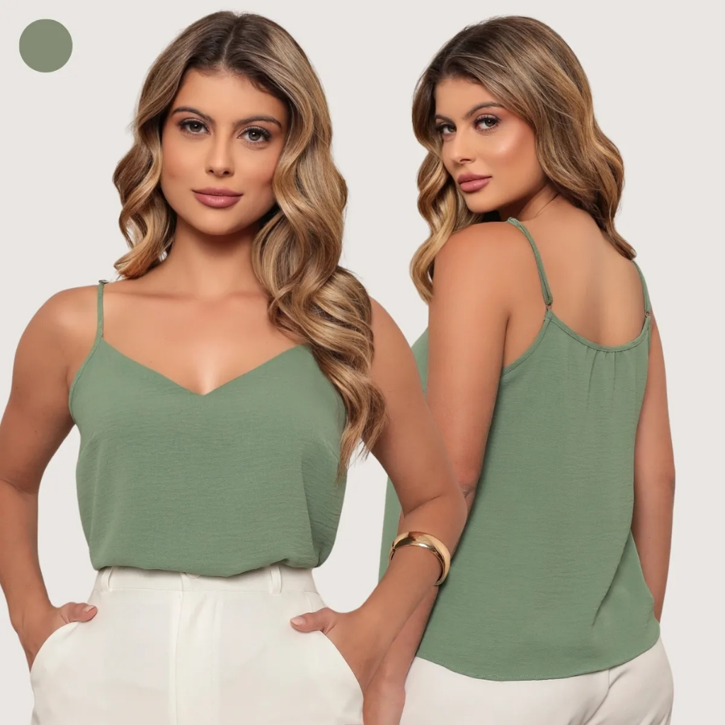 Blusa Regata Alça Fina Regulável Decote V Liso Tecido Duna Blusinha Alça Fina Gola V