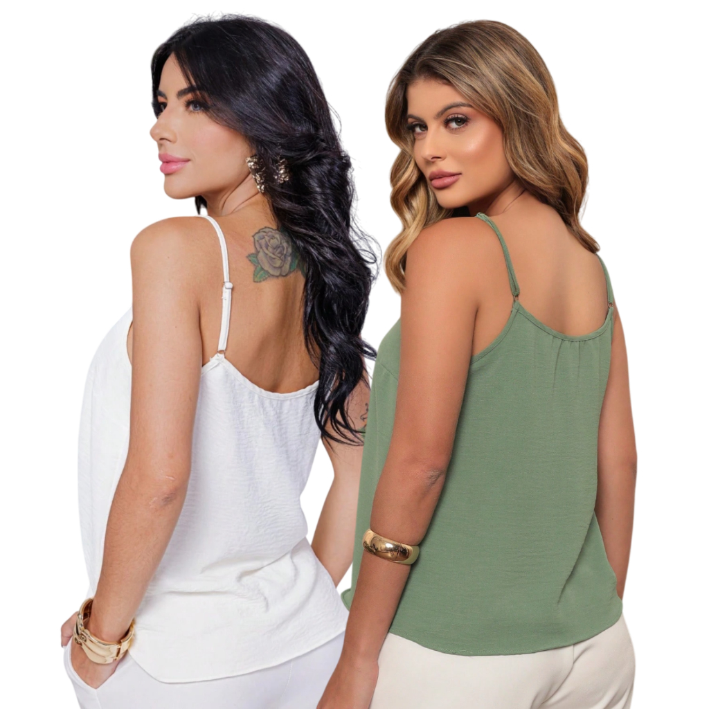 Kit 2 Blusas Regata Alça Fina Regulável Decote V Liso Tecido Duna Blusinha Alça Fina Gola V