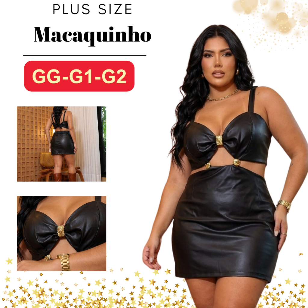 Macaquinho Plus Size Couro Fivela Dourada Alças Largas All Curve Festas Rodeio Pecuaria
