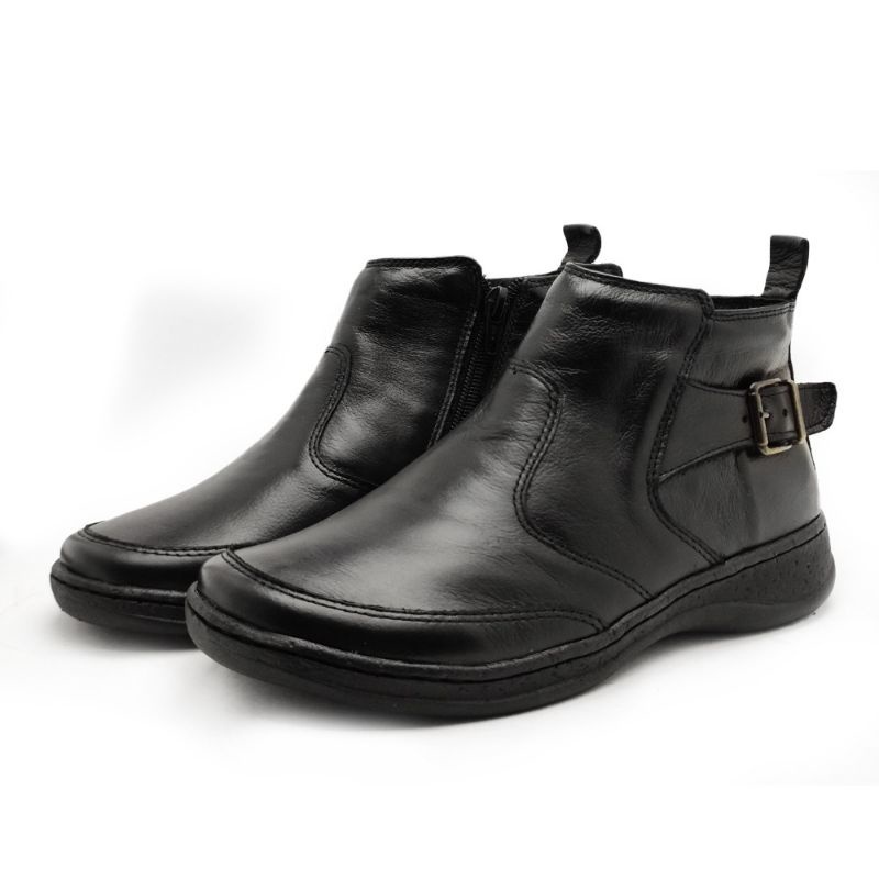 Bota Preta feminina botinha couro legitimo social cano curto confortável ortopédica larga pes largos