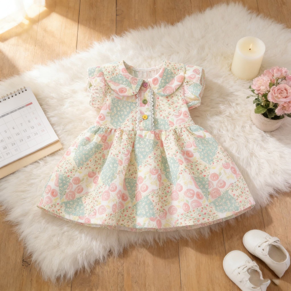 Bebê Menina Manga Curta Floral Retalhos Vestido Peter Pan Colarinho Cor Botão Decoração A Linha De Verão Criança Criança