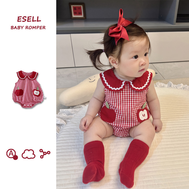 Bebê Menina Sem Mangas Xadrez Macacão Doce Peter Pan Colarinho Maçã Retalhos Bodysuit Recém-Nascido Roupa De Verão