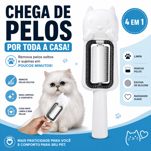 Escova Removedora de Pelos para Gatos e Cachorros 4 em 1 Autolimpante Massageadora Limpeza Pet
