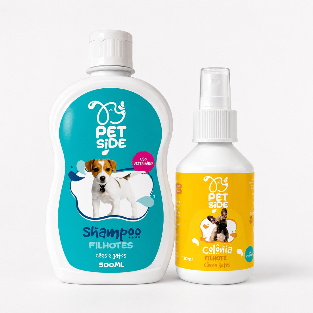 Kit Shampoo + Colônia para Filhote de Cachorro Cães Gatos Limpeza Suave Petside Petshop