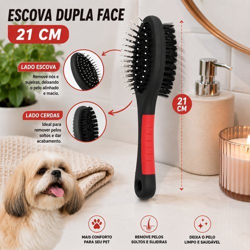 Escova Dupla Face Pelos Pet Limpeza Higiene Remoção Cachorro Gato 21cm Preta