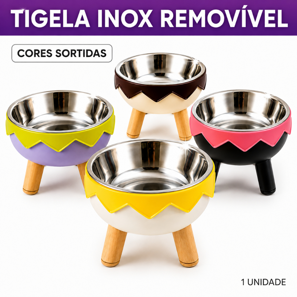 Comedouro Elevado para Cachorros e Gatos Inox Ergonômico com Pés de Madeira Fácil Limpeza Cores Sortidas