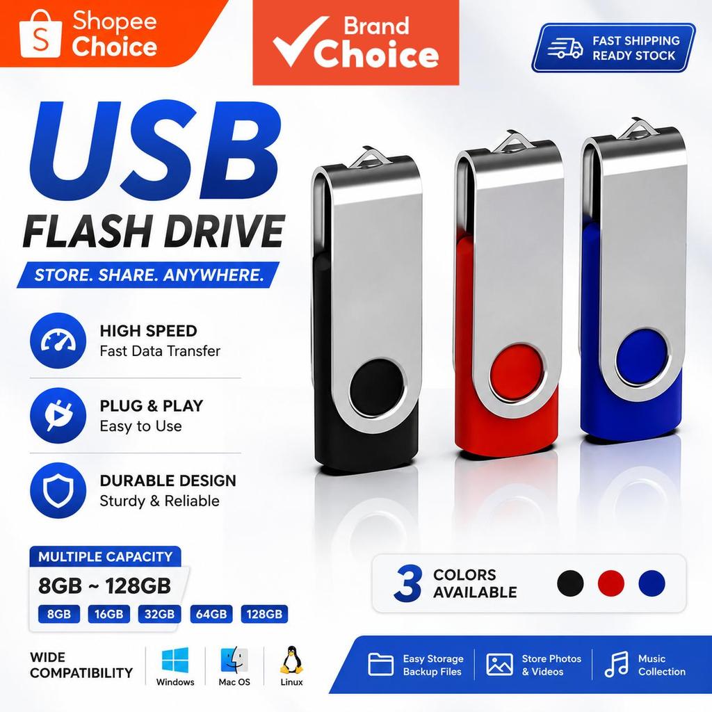 Pen drive USB de metal giratório, capacidade 1GB/2GB/4GB/8GB/16GB/32GB/64GB, à prova d'água, compatível com áudio,