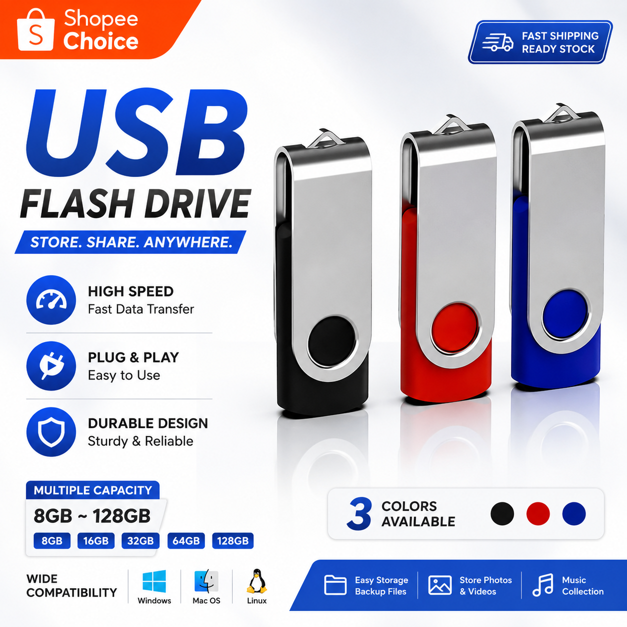 Pen drive USB de metal rotativo 1GB 2GB 4GB 8GB 16GB 32GB 64GB, pen drive para carro à prova d'água, compatível com