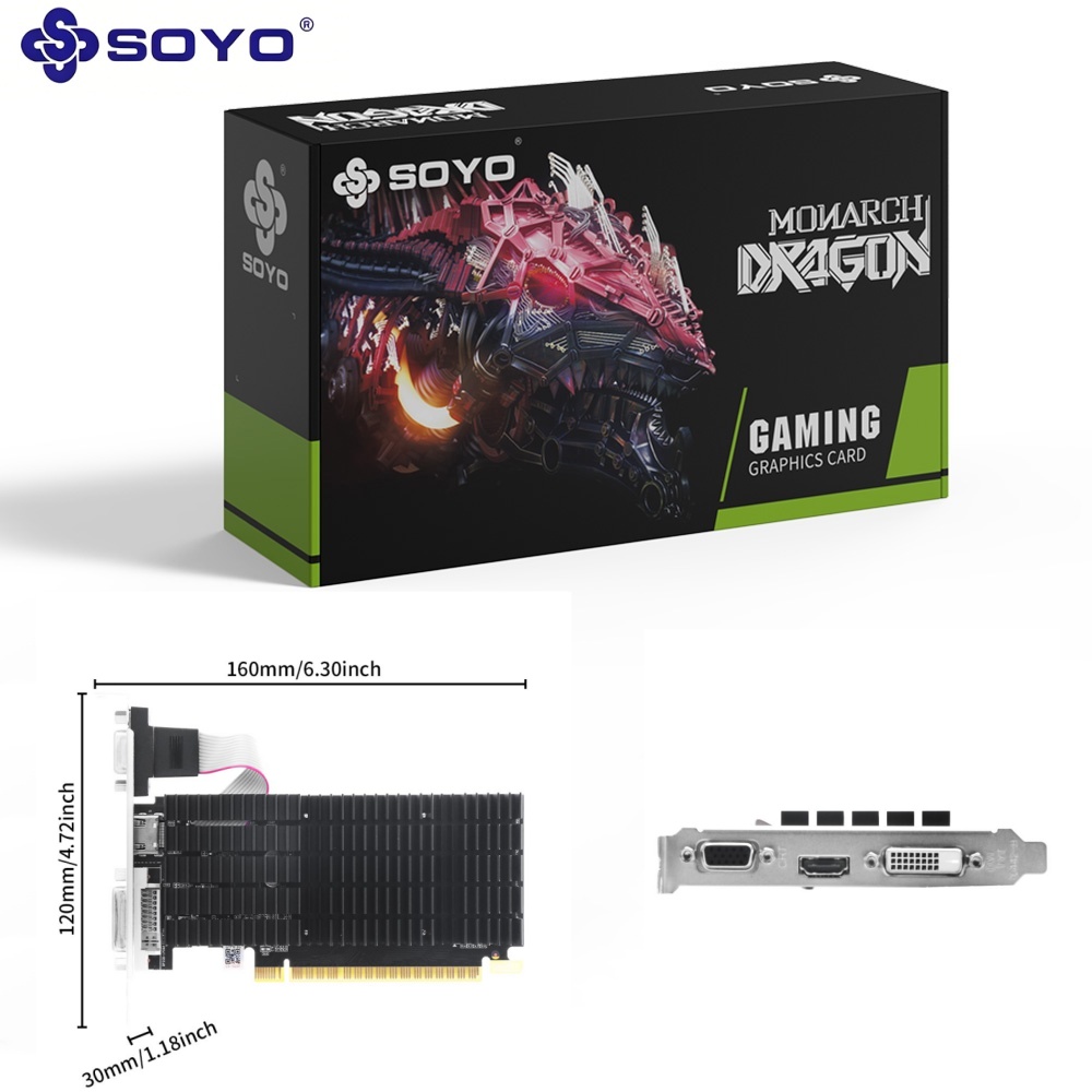 Placa de vídeo SOYO GeForce GT710 2GB DDR3 Perfil Baixo, GPU GK208, Dissipador Passivo 0dB, 64-Bit, HDMI DVI VGA Triple