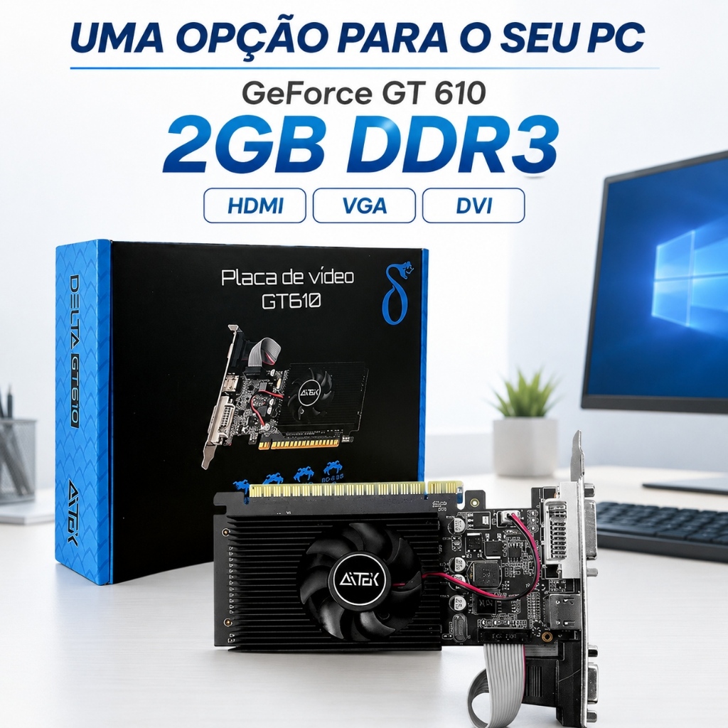 Placa de Vídeo GeForce GT610 2GB DDR3 HDMI VGA DVI Para PC PCIe x16 2.0 64 Bits