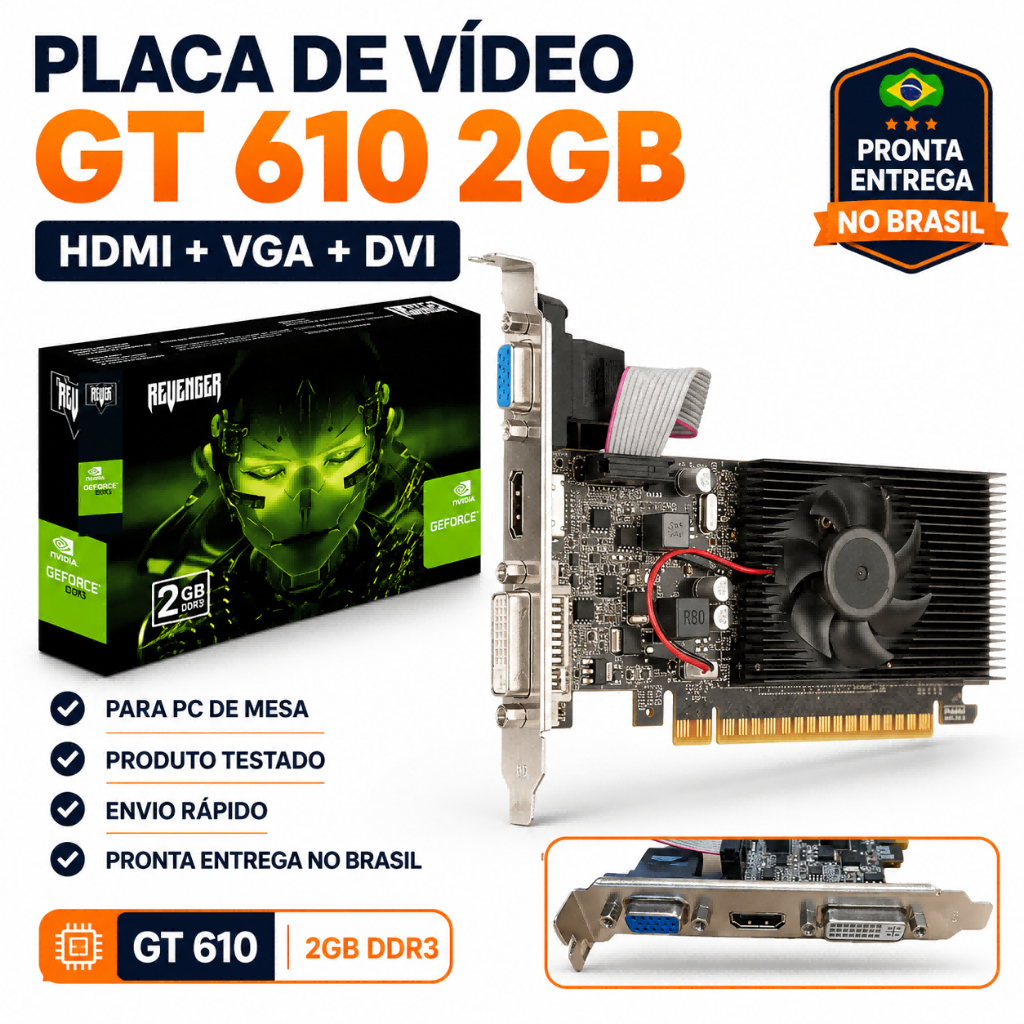 Placa De Vídeo GT 610 2GB DDR3 HDMI VGA DVI PCIe PC