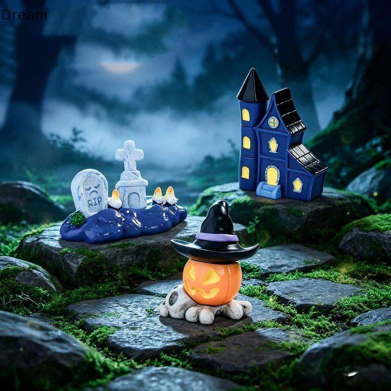 < Dream > Halloween Horror Mini Estátua De Resina Leve Crânio Osso Caixão Cadeira Fantasma Estatueta Para Festa Portátil