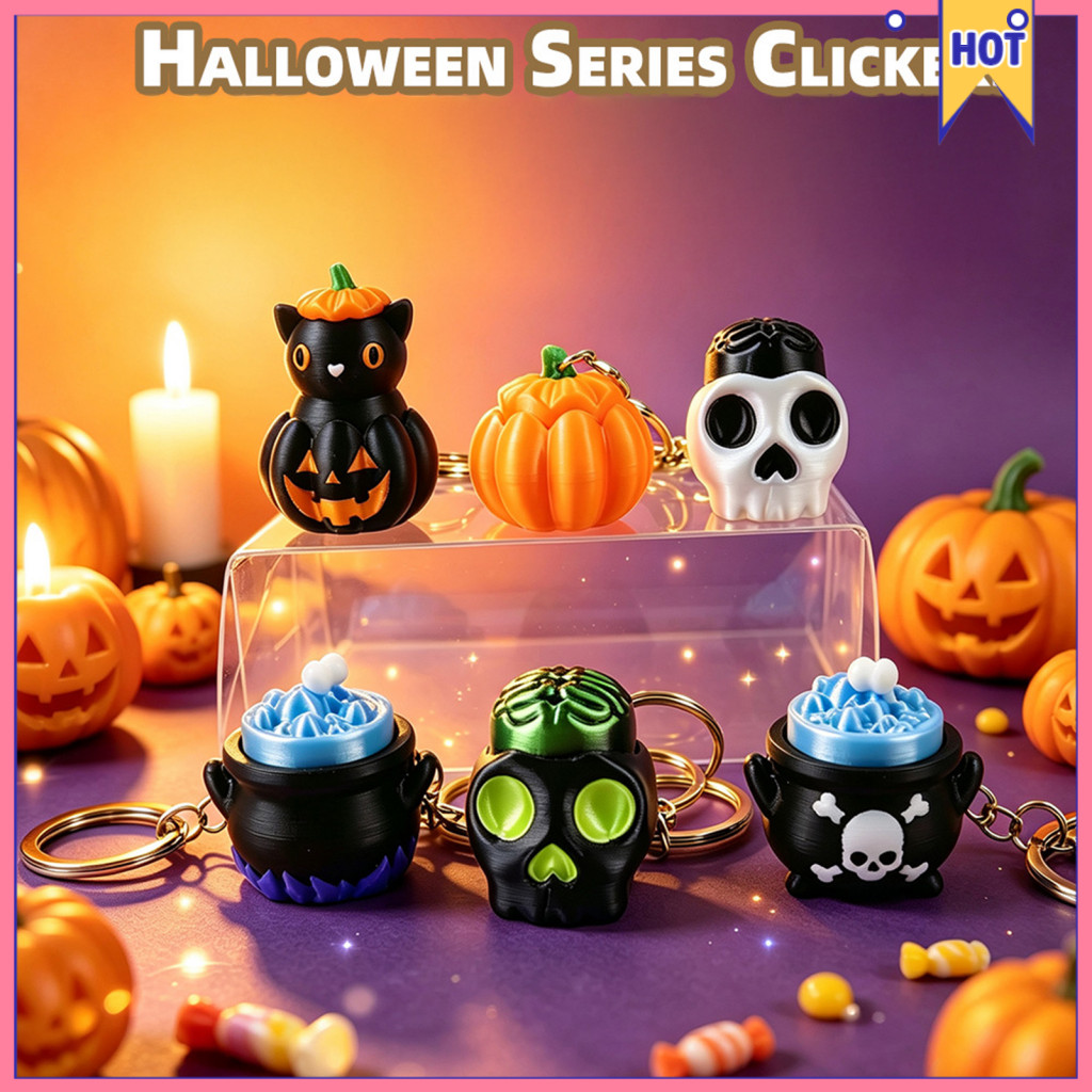 Halloween Fidget Clicker Keychain – Cute Mini Black Cat Pumpkin Skeleton 3d Printed Toy for Kids Adults Stress Relief