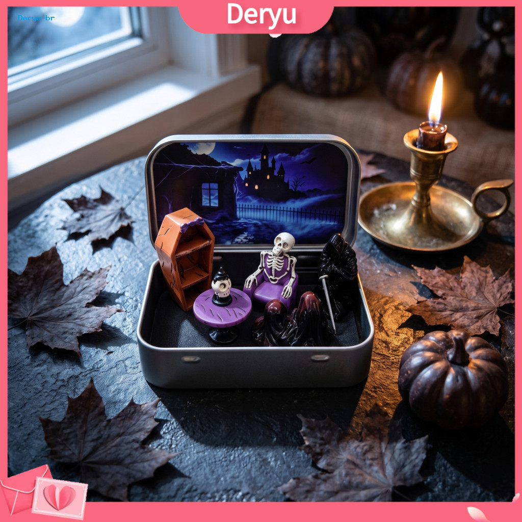 Home Decor Accessories Halloween Tabletop Decoration Mini Tin Box Set with Pocket-sized Skeleton Grim Reaper Figures –