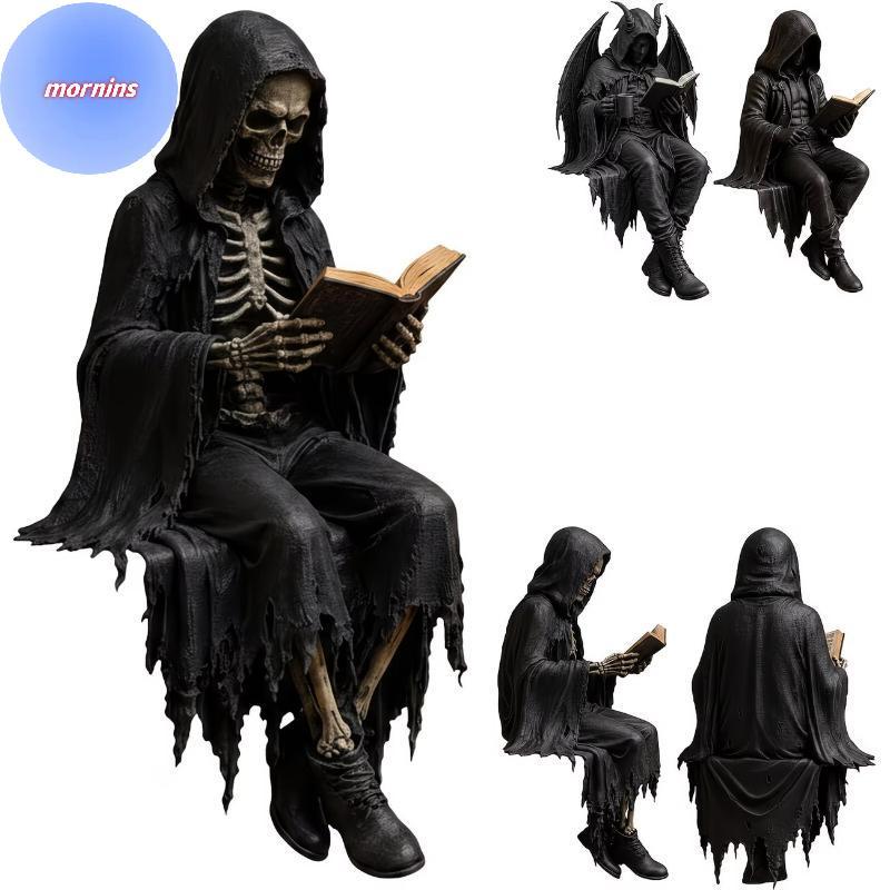 MORNIN Artesanal Grim Reaper Leitura Estátua Resina Bla Com Capuz Crânio Estatueta Mini Gótico Halloween Sala De Estar D