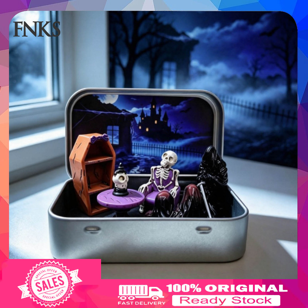 Halloween Tabletop Decoration Collectible Resin Figurine Set Mini Tin Box with Pocket-sized Skeleton Grim Reaper Figures
