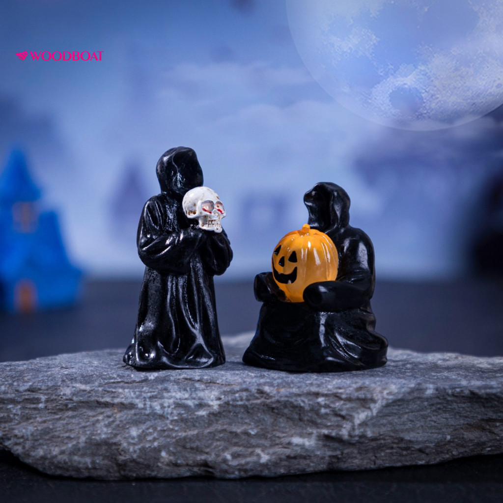 Miniature Halloween Decoration Figurine 3pcs Mini Resin Figurines – Pumpkin Ghost Grim Reaper Statues for Spooky Fairy
