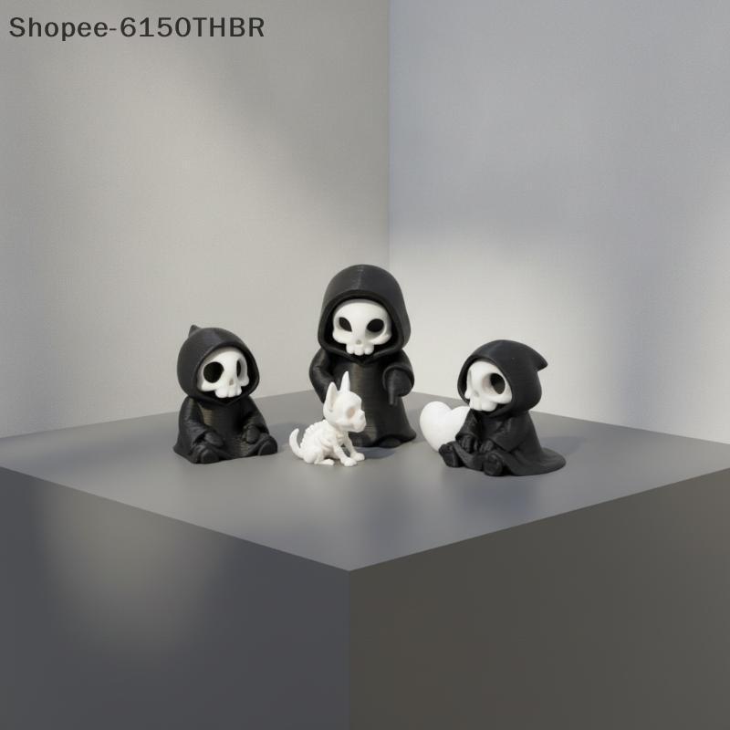 [VJ] Mini Estatueta De Resina Grim Reaper Kawaii Esqueleto Alado Segurando Ornamento De Caveira Decoração Gótica Fofa Pa