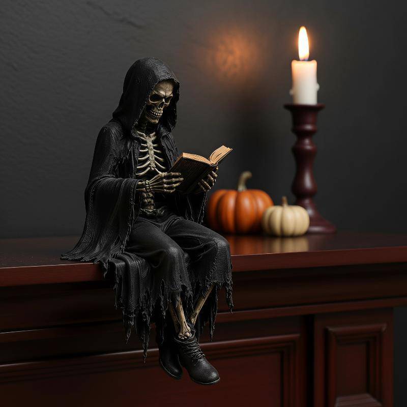 Mini Grim Reaper Leitura Estátua Resina Com Capuz Crânio Estatueta Decoração Gótica Presente Para O Dia Das Bruxas Goth
