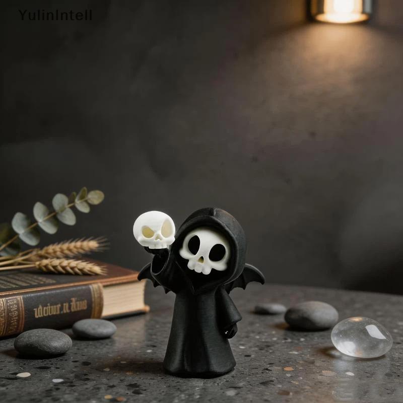 Mini Figura De Resina Grim Reaper Com Asas , Estátua De Esqueleto Kawaii Segurando Caveira , Ornamento De Mesa Gótico Pa