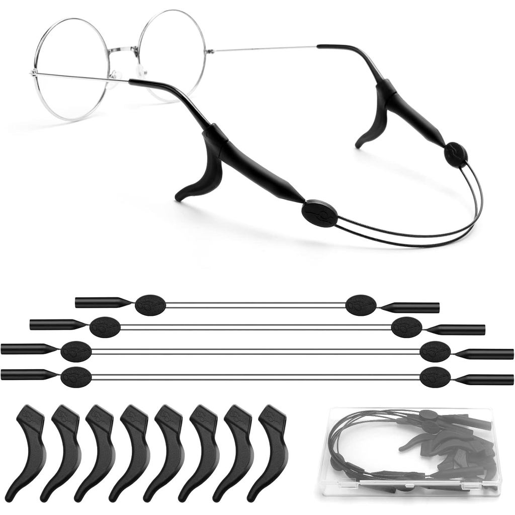 4pcs Adjustable Glasses Strap, Anti-Slip Eyeglass Straps and Ear Hooks, Black