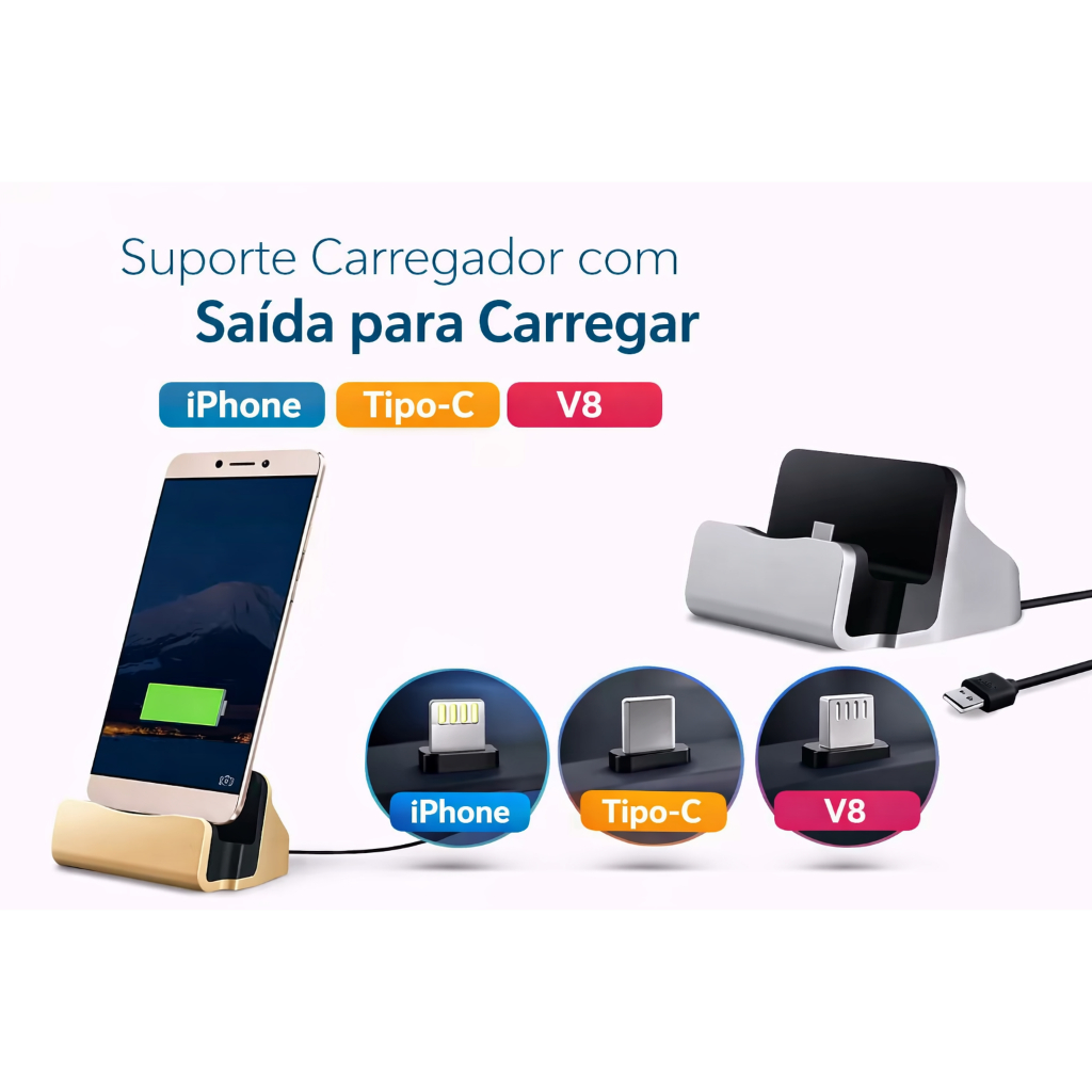 Base Carregadora Charge Sync Dock tipo c, iPhone e v8