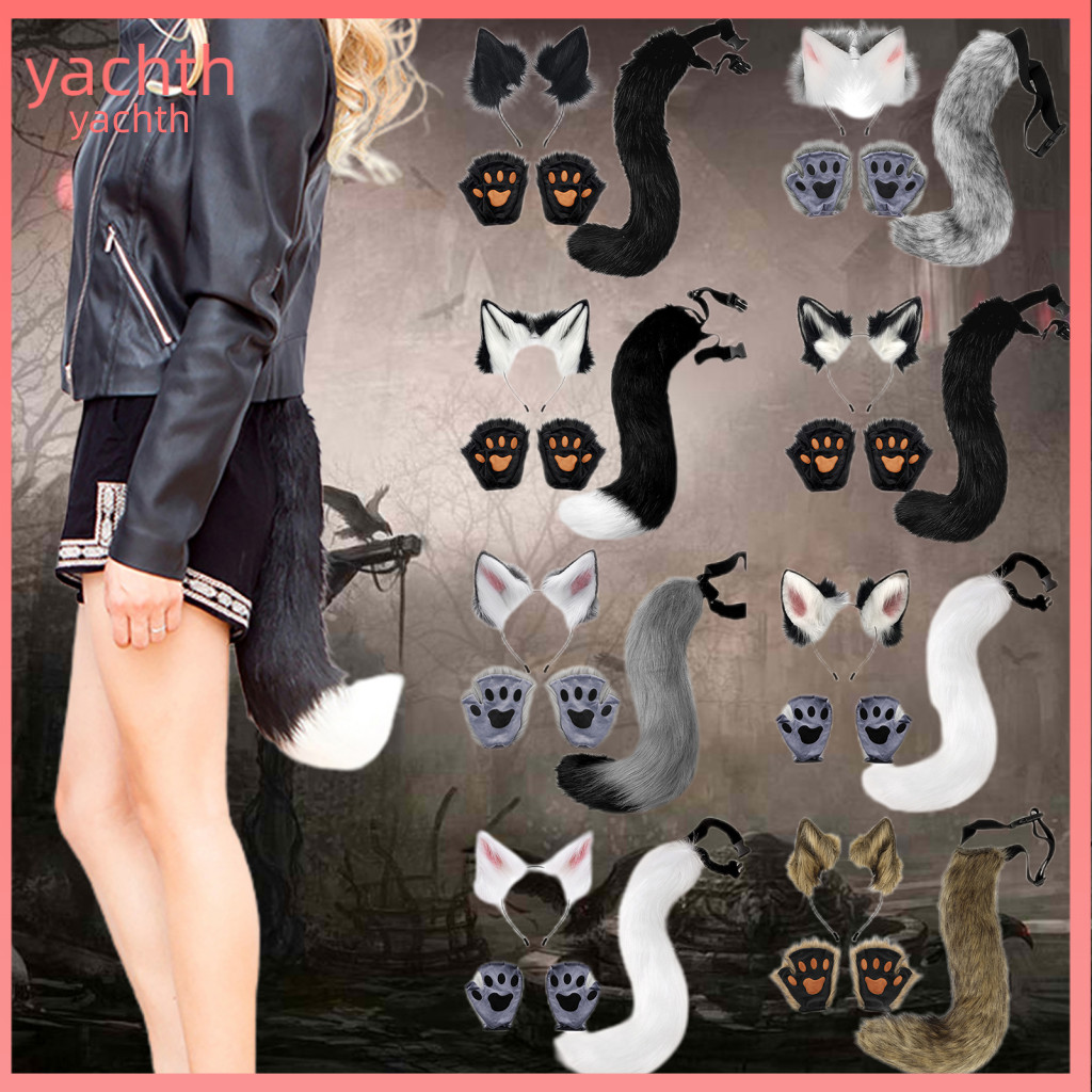 Plush Paw Gloves Handmade Faux Fur Animal Costume Set Cat Ear Hairband Fox Tail Claw for Anime Cosplay Party School Perf