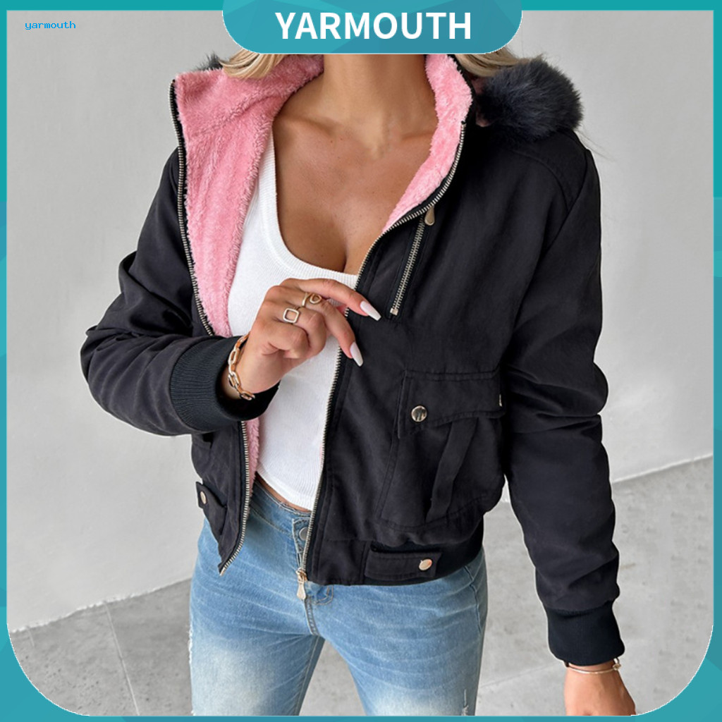 Zipper Closure Short Coat Faux Fur Lined Lady Winter Hooded Thick Plush Jacket with Long Sleeves Pockets – Warm Solid