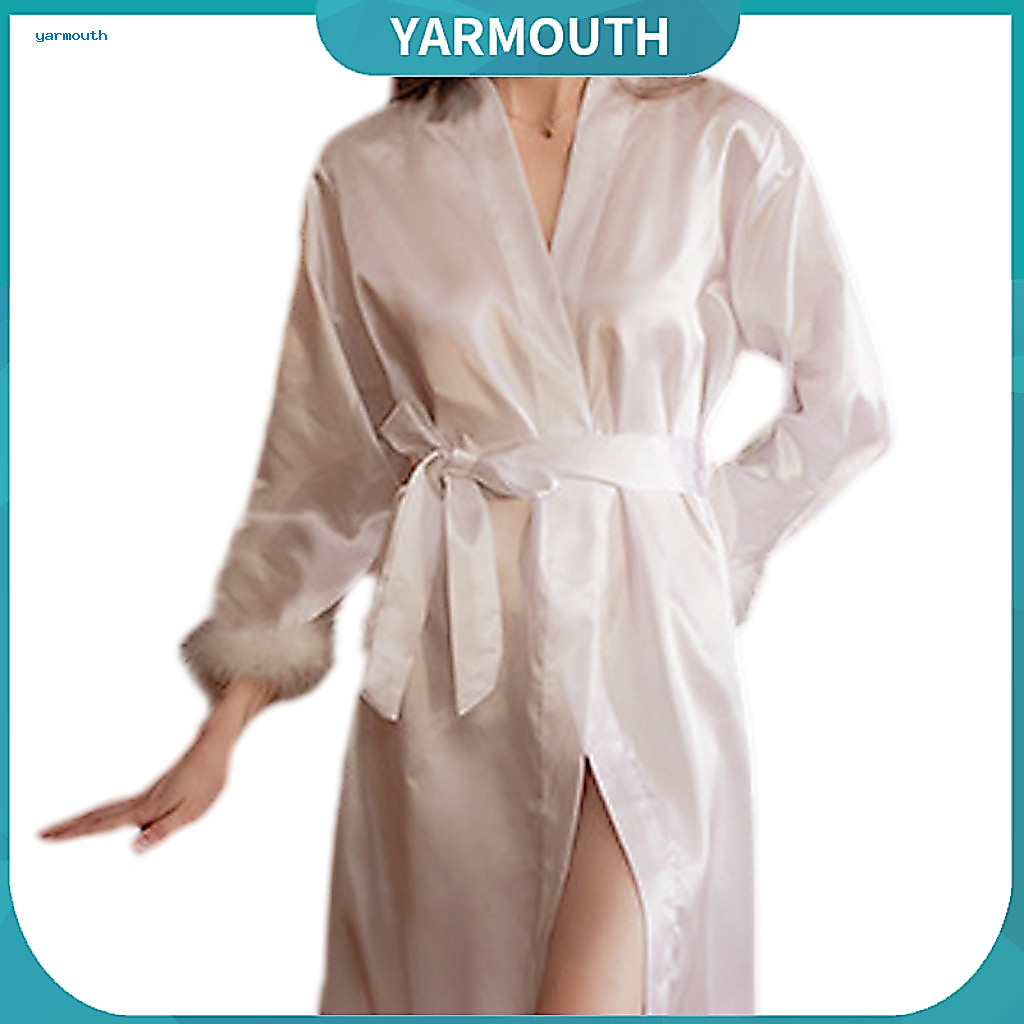 Women V-neck Nightgown Plush Trim Nightdress Women’s Satin with Faux Fur Adjustable Waist Tie V Neck Sleepwear – Ele