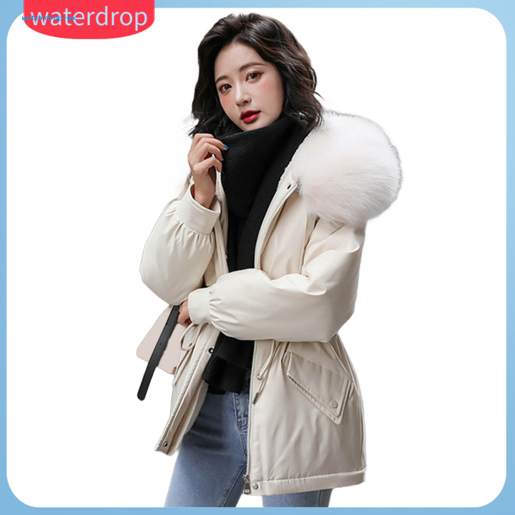 Women’s Winter Puffer Jacket Thick Plush Lined Coat with Drawstring Waist and Faux Fur Hood Warm Streetwear Outerwear