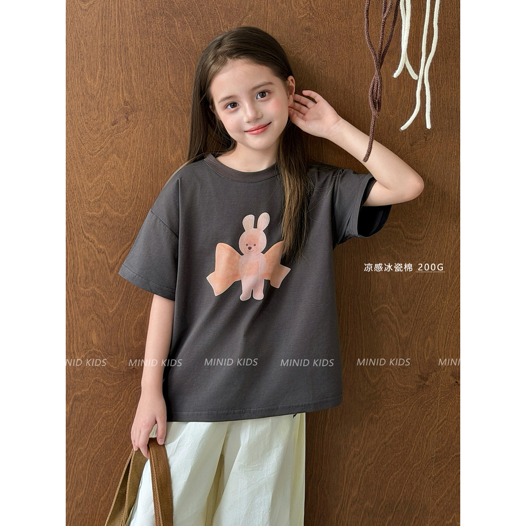 Mini Dan Roupas Infantis Meninas Estilo Coreano Camiseta Solta 2026 Verão Novo Estilo Médio Grande Crianças Desenhos Ani
