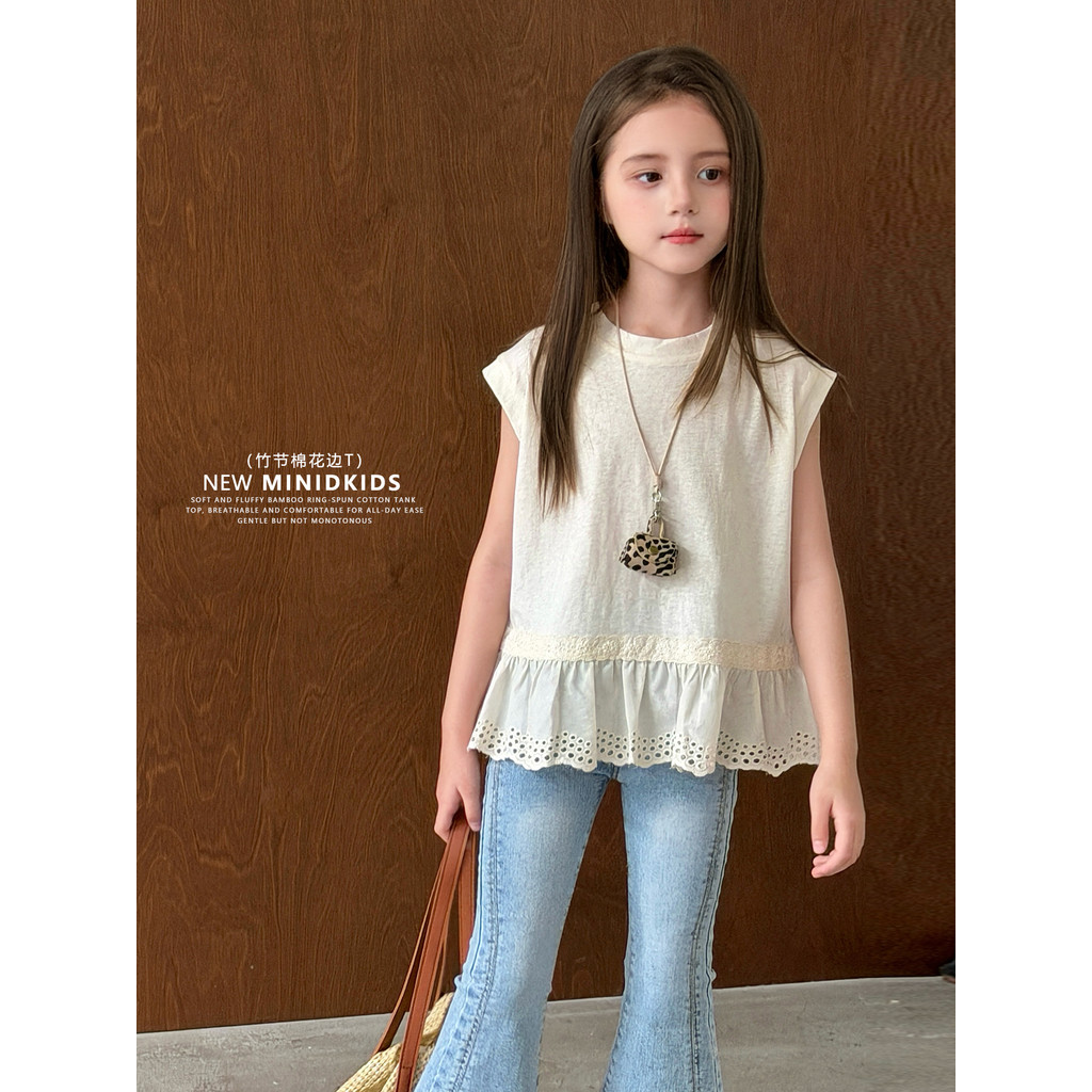 Mini Dan roupas infantis meninas rendas sem mangas topo 2026 verão novo estilo médio grande crianças estilo fino senhora