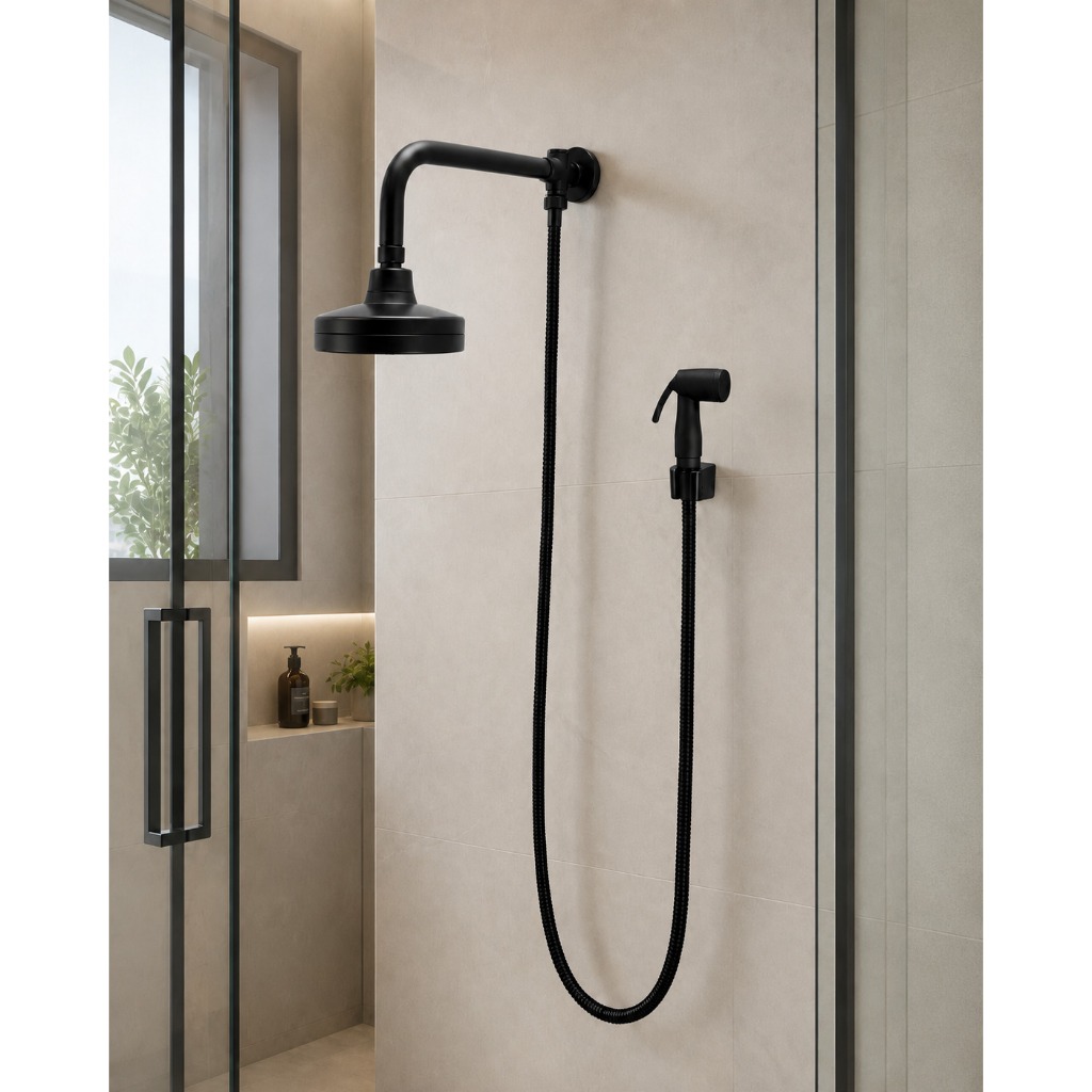 Kit Chuveiro Ducha Articulado Preto Autolimpante Desviador Gatilho Trava Mangueira Inox Banheiro Gás Solar
