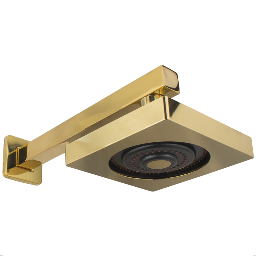Chuveiro Ducha Articulável Gás e Solar Quadrado Autolimpante Parede Inox Com Braço 25cm Banheiro Dourado Gold Brilhante