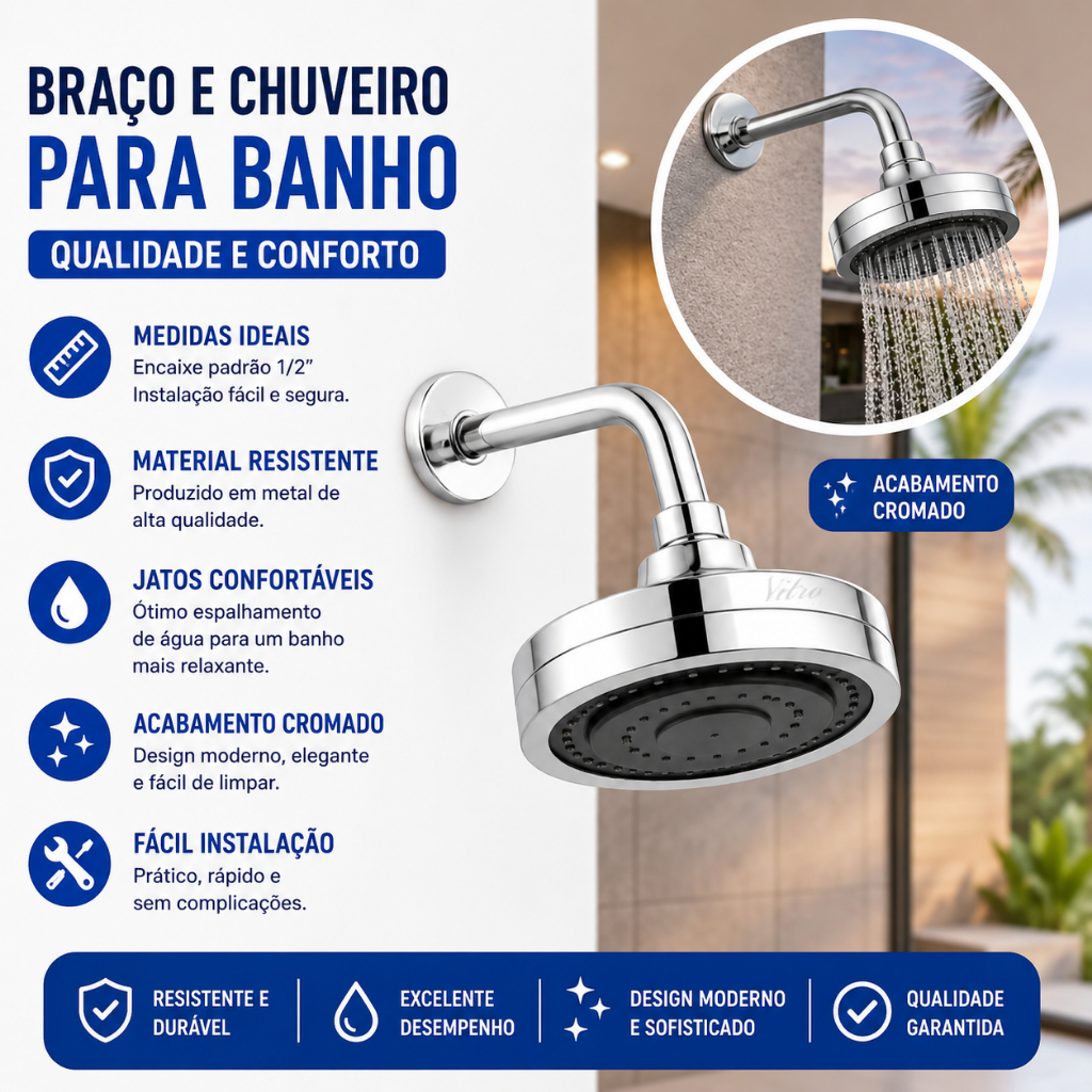 Chuveiro Ducha Autolimpante Redondo Cromado Articulável Solar ou Gás
