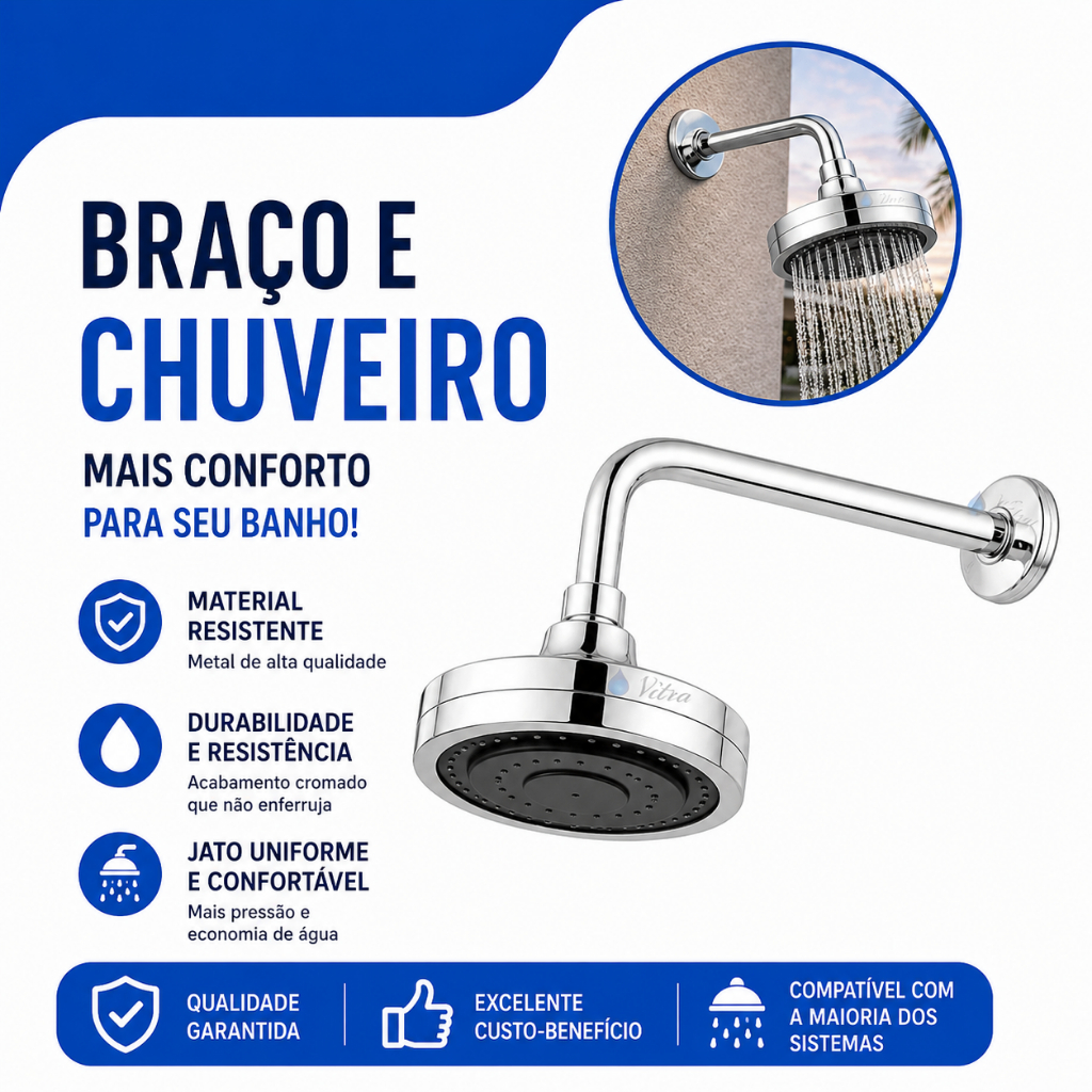 Chuveiro Ducha Fria Autolimpante Redondo Cromado Articulável Solar ou Gás