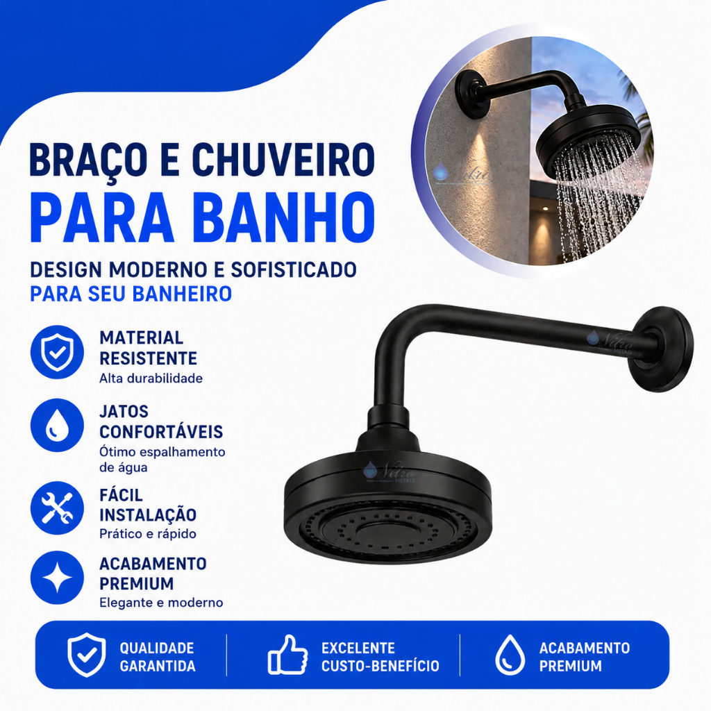 Ducha Autolimpante Articulável Redondo Preto Black De Parede Para Aquecedor Solar E Gás