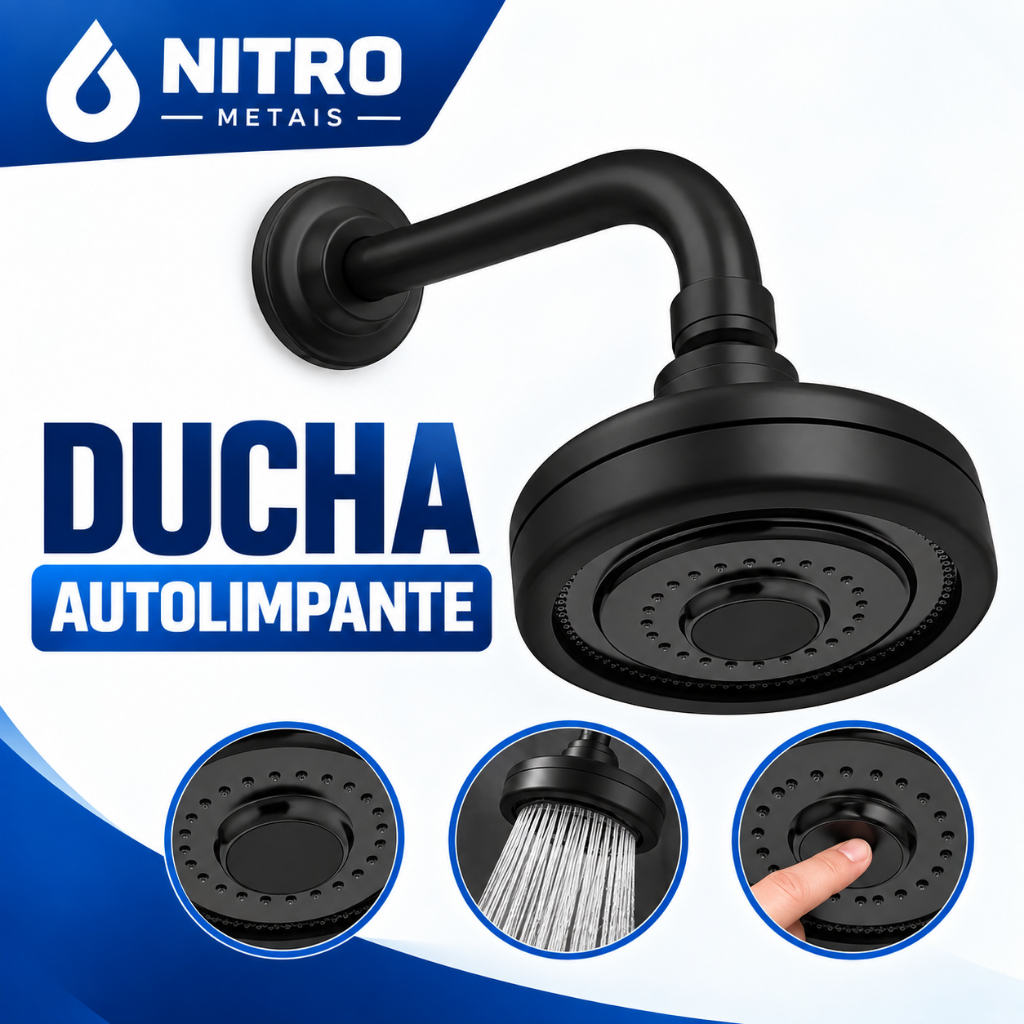 Chuveiro Ducha Fria Autolimpante Redondo Preto Articulável Solar ou Gás Econômico Banho Banheiro
