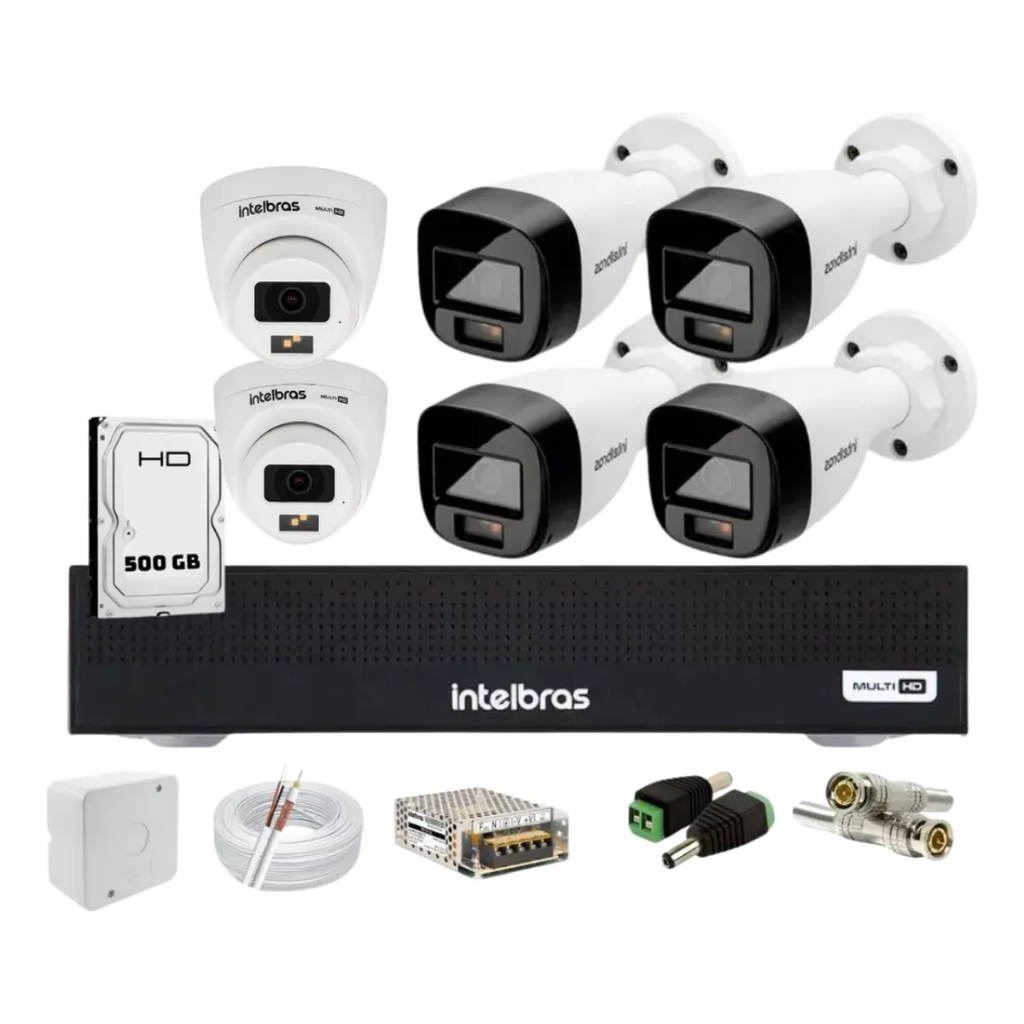 Kit 6 Cameras Intelbras Vhd 3220+ Full Color com Audio, Dvr 8 Canais 1108-c Bullet X Dome