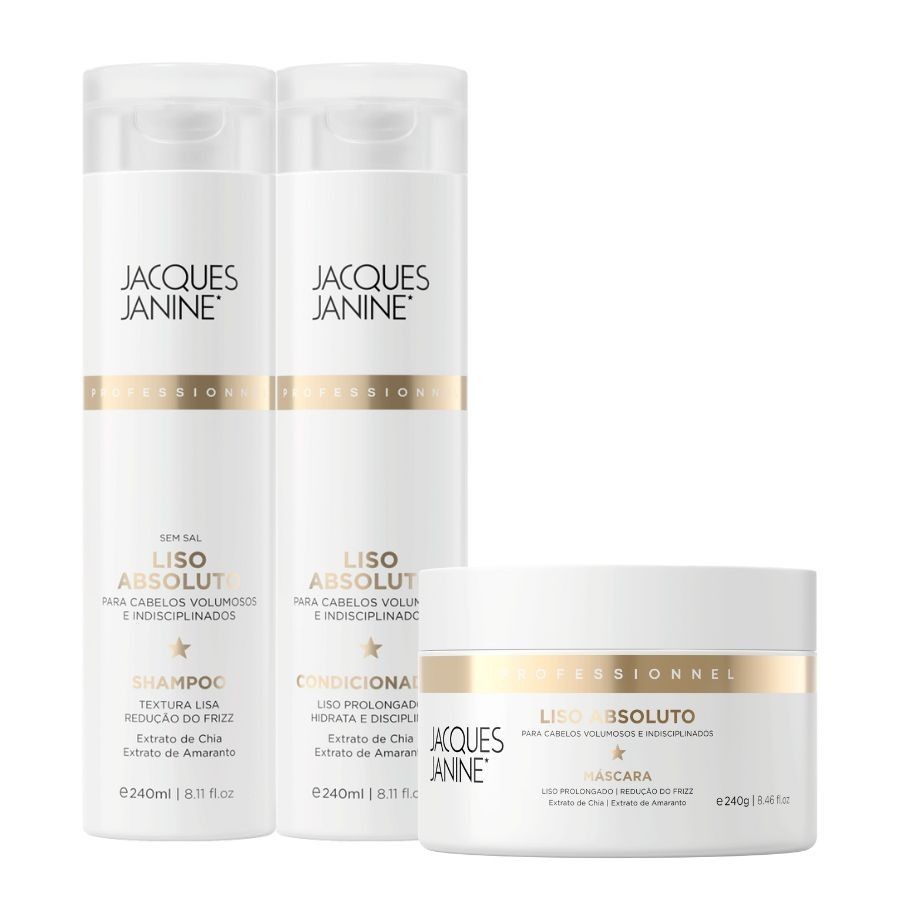 Kit Jacques Janine Liso Absoluto Shampoo Sem Sal Condicionador 240ml Máscara Hidratação 240g