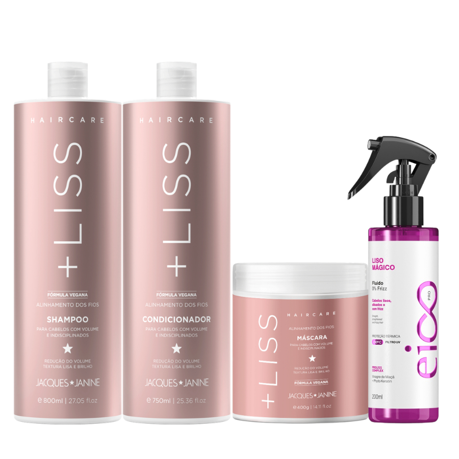 Kit Jacques Janine Liss Shampoo 800ml Condicionador 750ml + Máscara Tratamento 400g + Spray Liso Mágico Eico 200ml