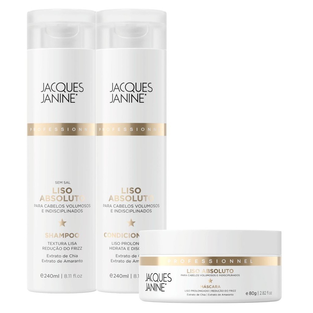 Kit Jacques Janine Liso Absoluto Shampoo Sem Sal Condicionador Leave-In 240ml Máscara Hidratação 80g